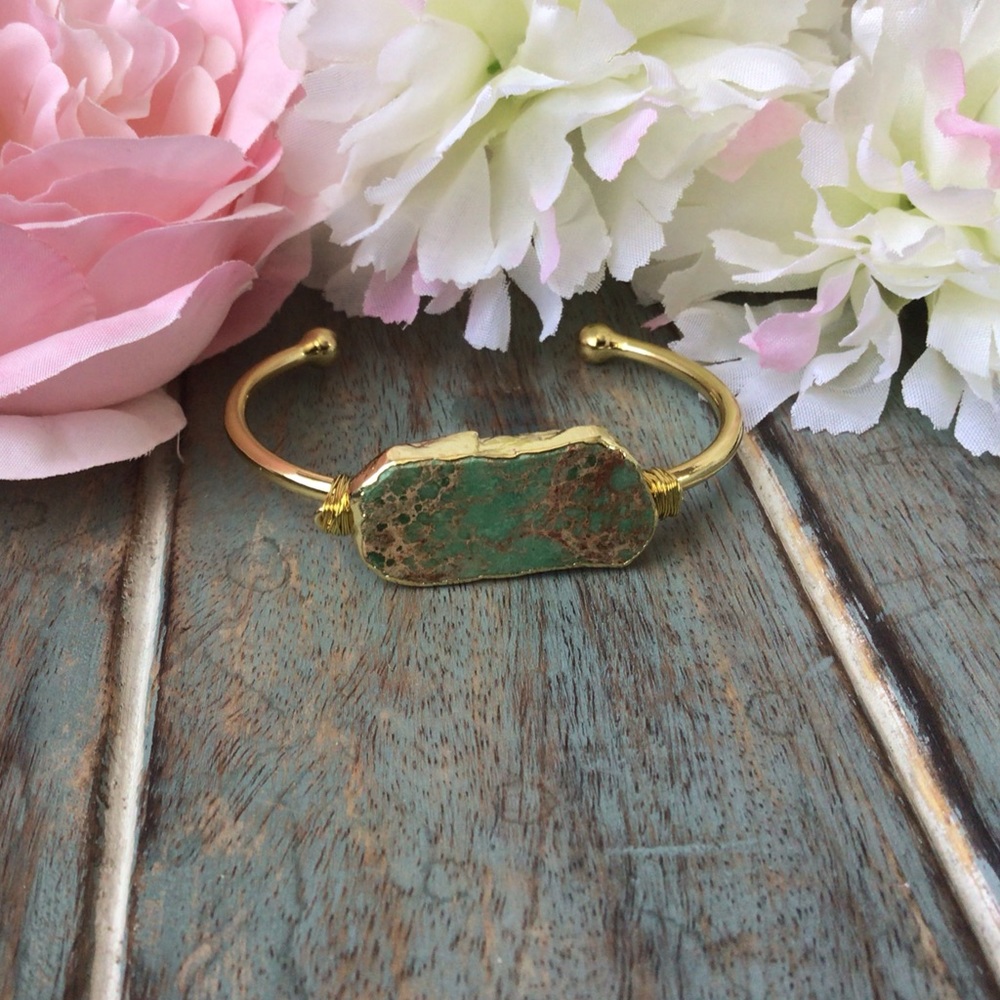 18K Gold Natural Sea Jasper Stone Cuff Bangle - Picture 2 of 9